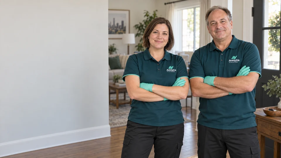 Two cleaning professionals in teal Avenytra uniforms