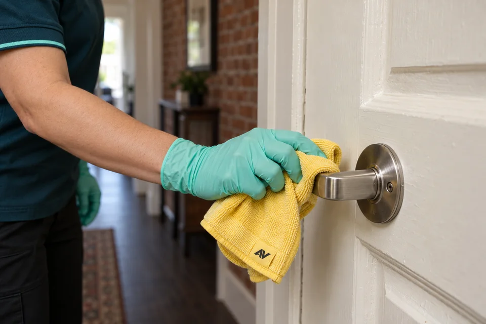 Gloved hand wiping a door handle in a shared residential building