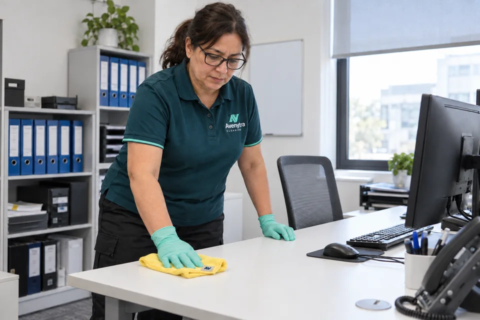Avenytra cleaner wiping a desk in a small office with shelves of binders